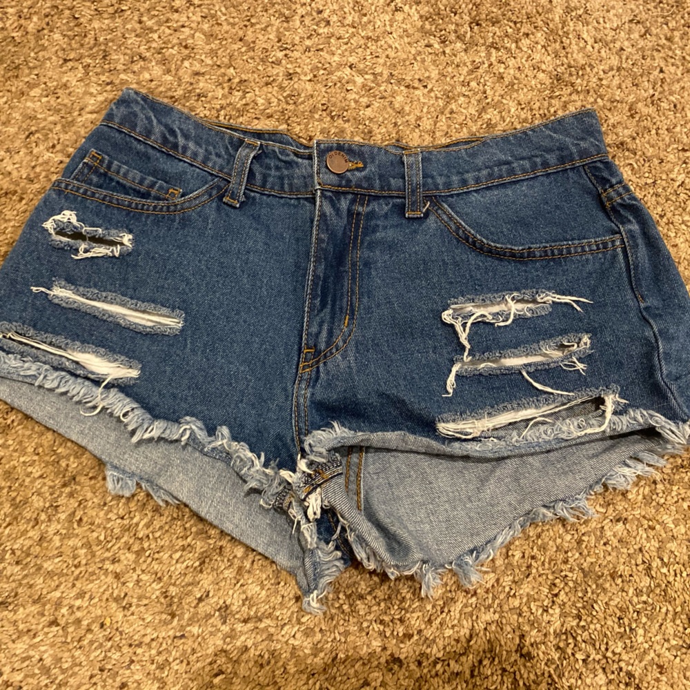 O2 Denim Dark Blue Jean Distressed Shorts